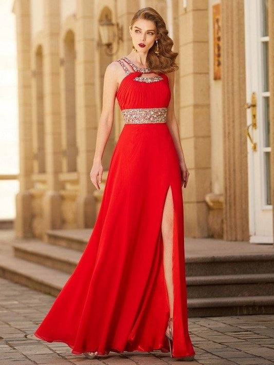 A-line/Princess Scoop Beading Sleeveless Floor-length Chiffon Dresses - RongMoon