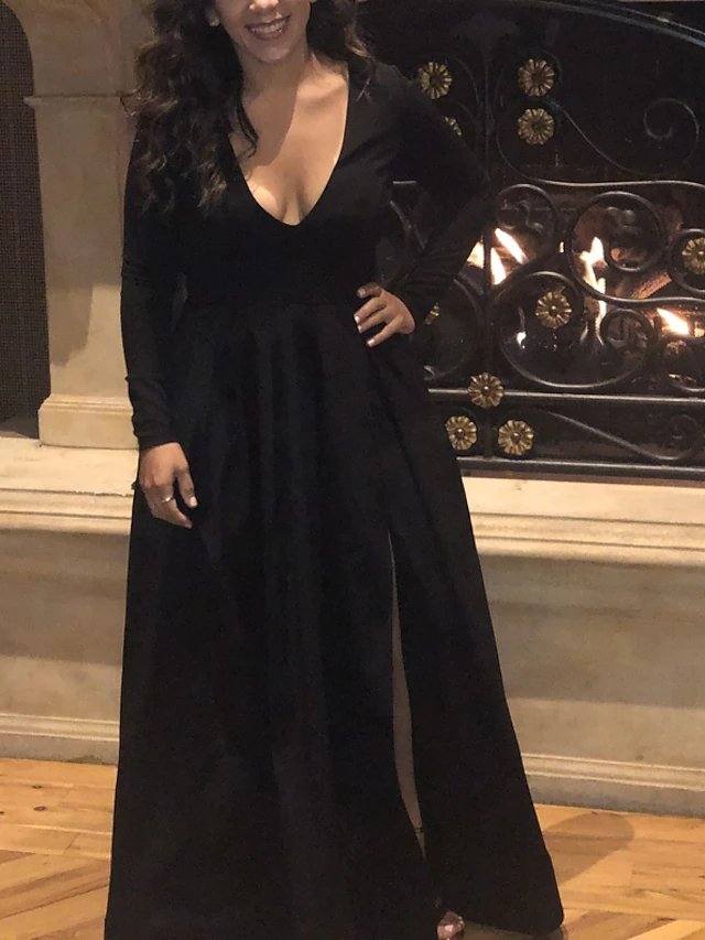 Ball Gown Elegant Prom Formal Evening Dress V Neck Long Sleeve Floor Length Spandex with Pleats Split - RongMoon