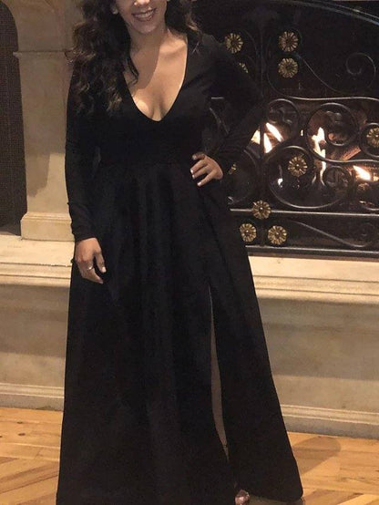 Ball Gown Elegant Prom Formal Evening Dress V Neck Long Sleeve Floor Length Spandex with Pleats Split - RongMoon