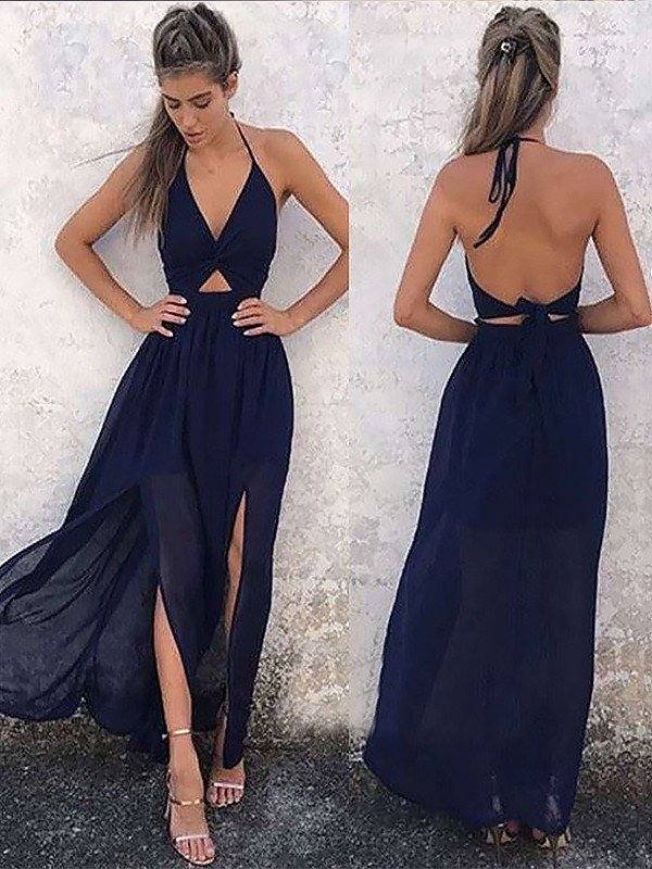A-Line V-neck Sleeveless Floor-Length With Ruched Chiffon Dresses - RongMoon