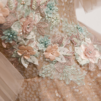 Champagne sequins tulle prom dress formal dress cc391