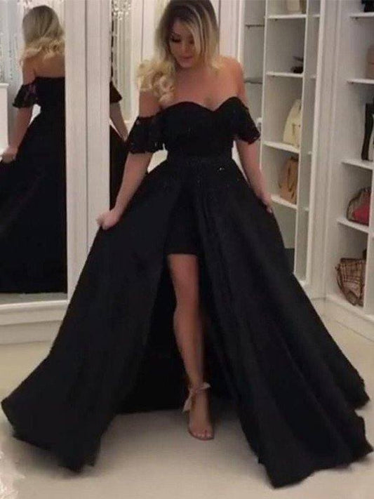 Ball Gown Sleeveless Off-the-Shoulder Sweep/Brush Train Lace Satin Dresses - RongMoon