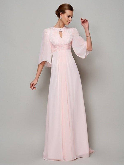 A-Line/Princess High Neck 1/2 Sleeves Beading Long Chiffon Mother of the Bride Dresses - RongMoon
