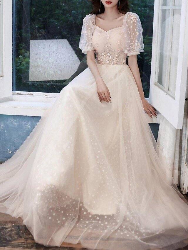 A-Line Elegant Engagement Prom Dress Off Shoulder Short Sleeve Floor Length Tulle with Appliques - RongMoon