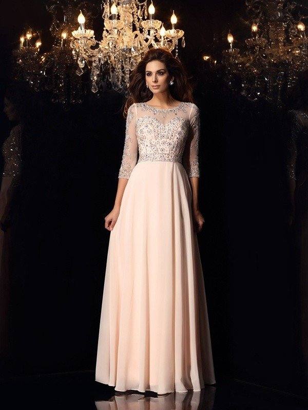 A-Line/Princess Scoop Beading 3/4 Sleeves Long Chiffon Dresses - RongMoon