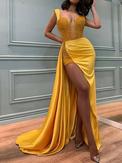 Mermaid / Trumpet Glittering Sexy Engagement Formal Evening Dress Scoop Neck Sleeveless Sweep / Brush Train Satin with Split Overskirt - RongMoon