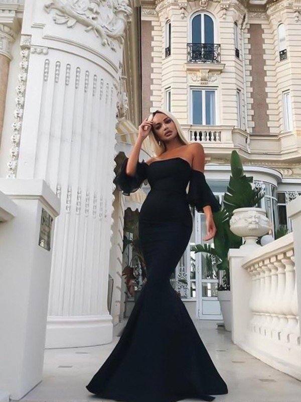Trumpet/Mermaid Sleeveless Off-the-Shoulder Floor-Length Ruffles Stretch Crepe Dresses - RongMoon