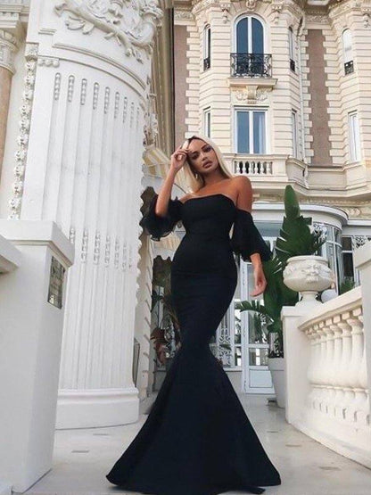 Trumpet/Mermaid Sleeveless Off-the-Shoulder Floor-Length Ruffles Stretch Crepe Dresses - RongMoon