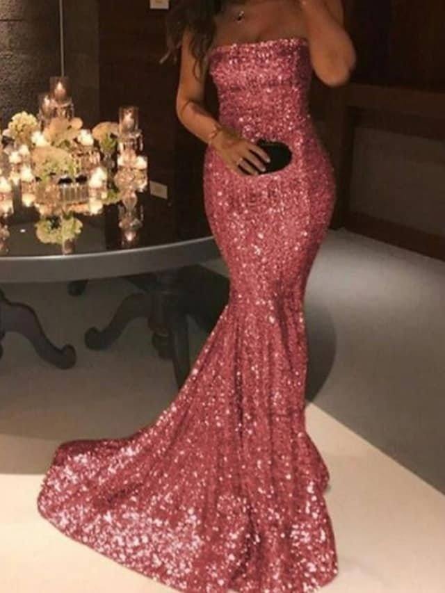 Mermaid / Trumpet Glittering Sexy Engagement Formal Evening Valentine's Day Dress Off Shoulder Sleeveless Sweep / Brush Train Sequined with Sequin - RongMoon