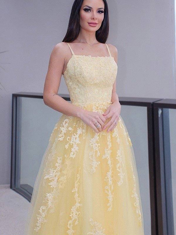 A-Line/Princess Spaghetti Straps Applique Sleeveless Tulle Floor-Length Dresses - RongMoon