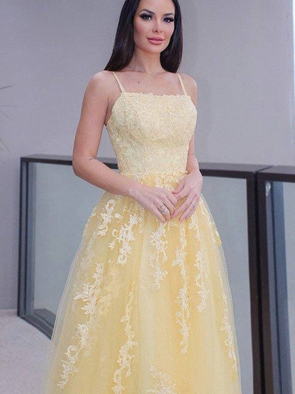 A-Line/Princess Spaghetti Straps Applique Sleeveless Tulle Floor-Length Dresses - RongMoon