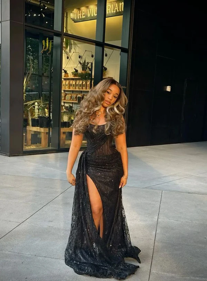 Sexy Mermaid Spaghetti Straps Sequin Slit Black Long Prom Dresses Party Dress SD2278
