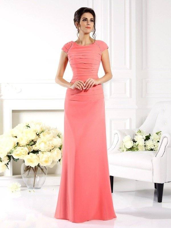 A-Line/Princess Bateau Short Sleeves Long Chiffon Mother of the Bride Dresses - RongMoon