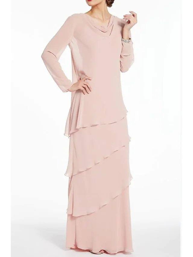 Sheath / Column Mother of the Bride Dress Elegant Jewel Neck Floor Length Chiffon Long Sleeve with Ruffles - RongMoon