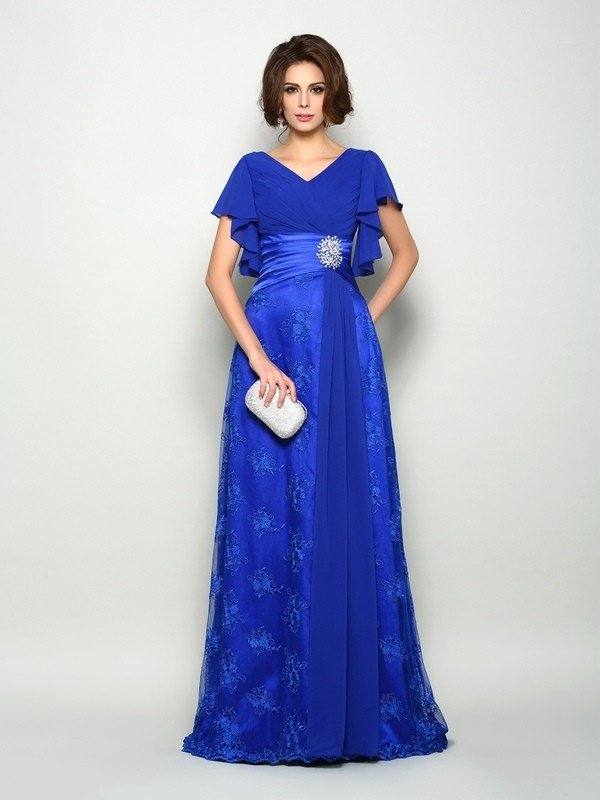 A-Line/Princess V-neck Applique Short Sleeves Long Chiffon Mother of the Bride Dresses - RongMoon