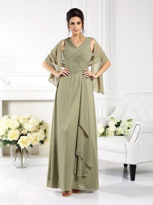 A-Line/Princess V-neck Pleats Sleeveless Long Chiffon Mother of the Bride Dresses - RongMoon