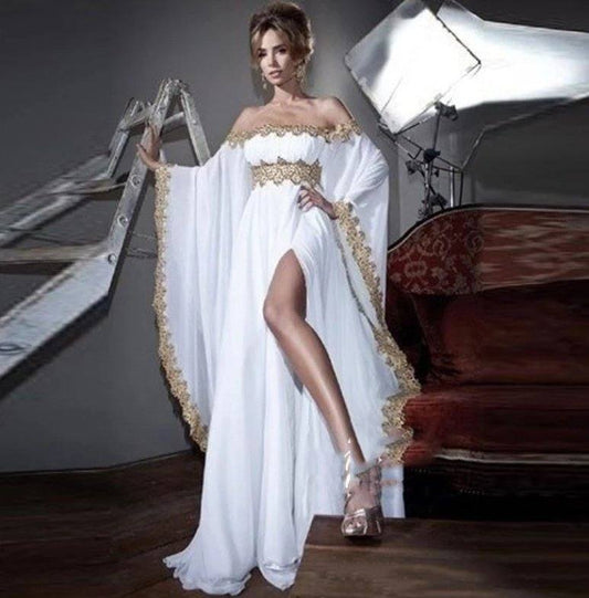 White Muslim Evening Dresses Sheath Off The Shoulder Chiffon Appliques Islamic Dubai Kaftan Abaya Saudi Arabic Long Evening Gown - RongMoon