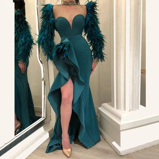 Elegant Muslim Evening Dresses Mermaid Long Sleeves Slit Feather Islamic Dubai Saudi Arabic Long Formal Evening Gown - RongMoon