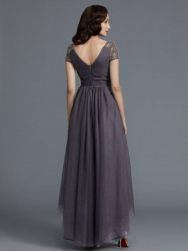 A-Line/Princess V-neck Short Sleeves Asymmetrical Tulle Mother of the Bride Dresses - RongMoon