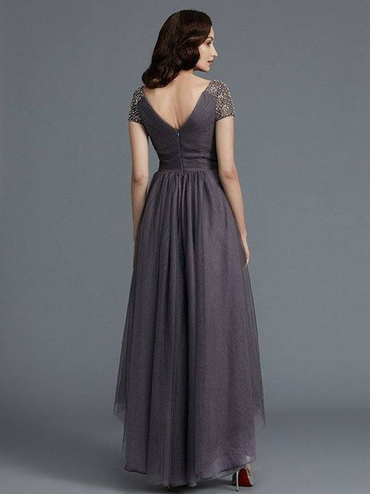 A-Line/Princess V-neck Short Sleeves Asymmetrical Tulle Mother of the Bride Dresses - RongMoon