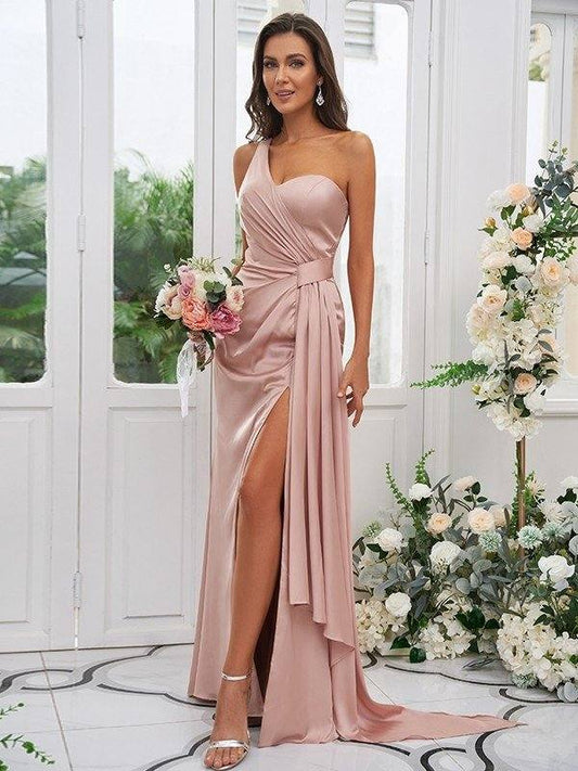 Sheath/Column Charmeuse Ruched One-Shoulder Sleeveless Floor-Length Bridesmaid Dresses - RongMoon