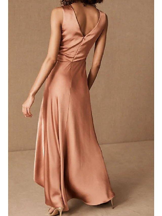 A-Line Minimalist Elegant Prom Formal Evening Dress V Neck Sleeveless Asymmetrical Charmeuse with Ruched - RongMoon