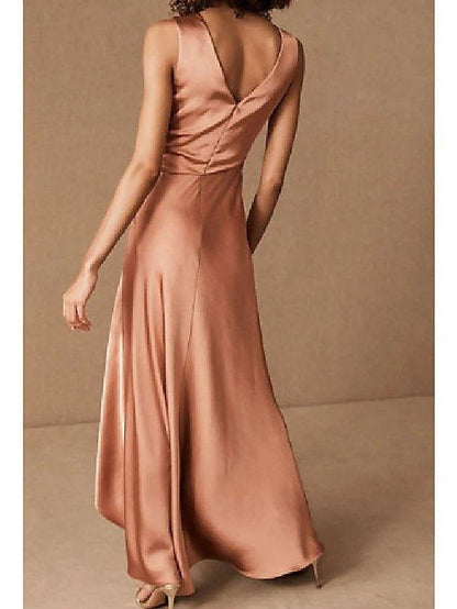 A-Line Minimalist Elegant Prom Formal Evening Dress V Neck Sleeveless Asymmetrical Charmeuse with Ruched - RongMoon