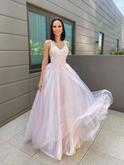 A-Line/Princess V-neck Sleeveless Applique Tulle Floor-Length Dresses - RongMoon