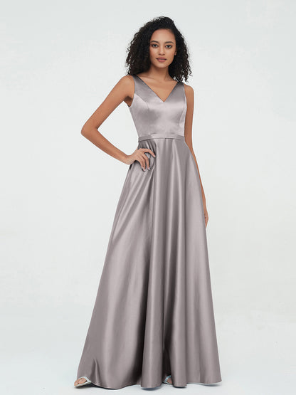 A-line V-neck Max Satin Dresses with Pockets-Silver