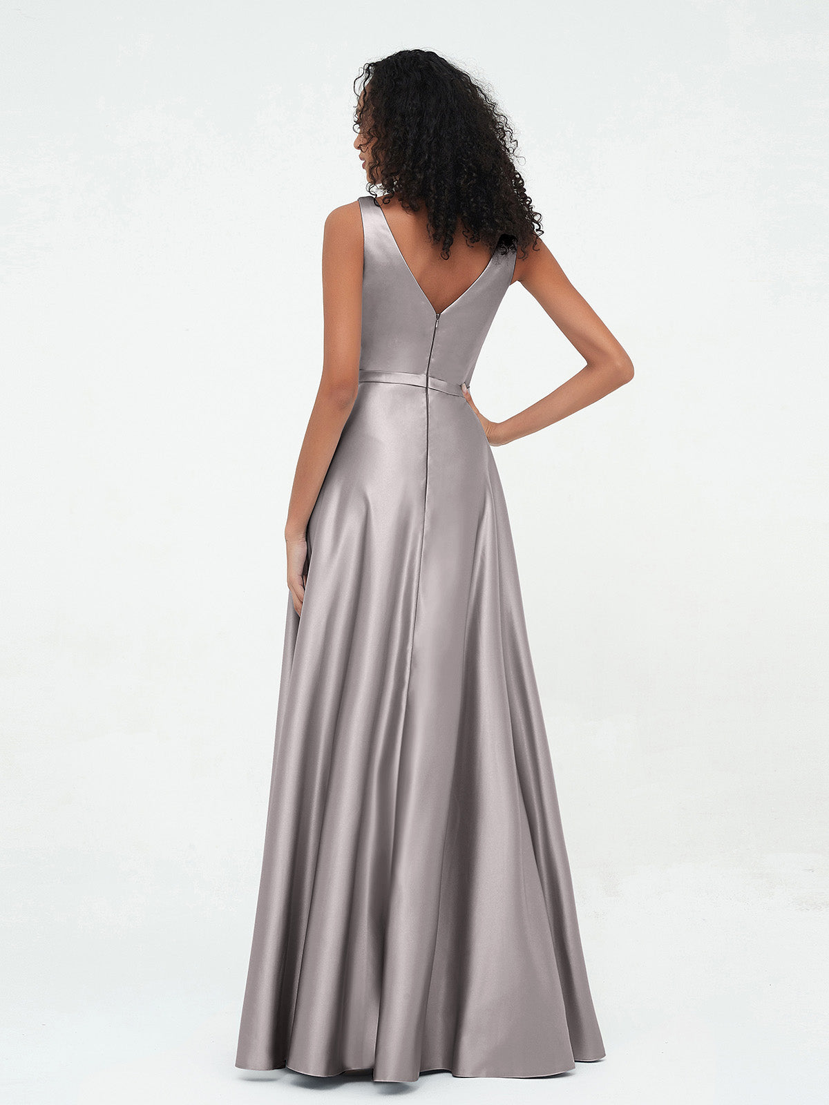 A-line V-neck Max Satin Dresses with Pockets-Silver