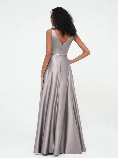 A-line V-neck Max Satin Dresses with Pockets-Silver