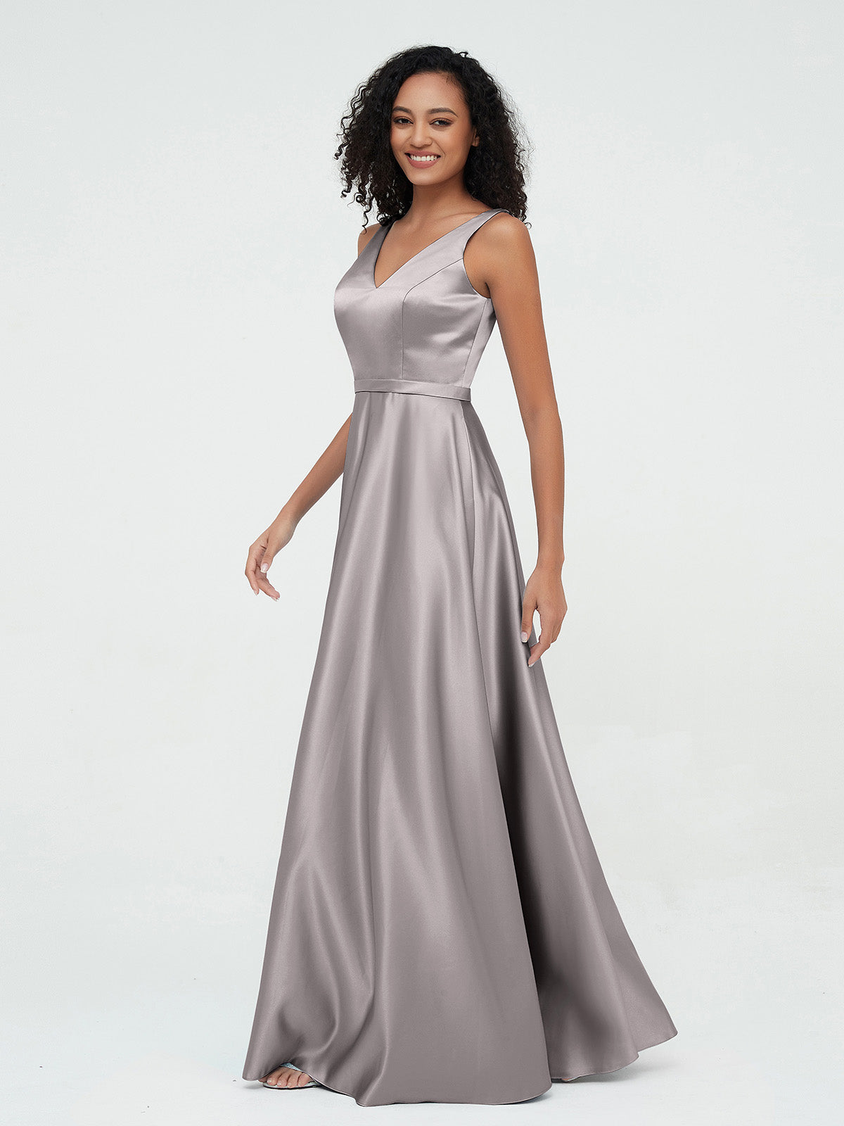 A-line V-neck Max Satin Dresses with Pockets-Silver