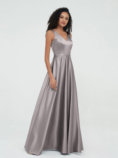 A-line V-neck Max Satin Dresses with Pockets-Silver