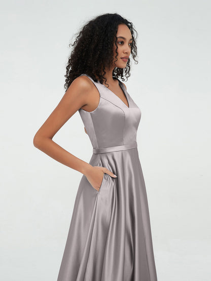 A-line V-neck Max Satin Dresses with Pockets-Silver