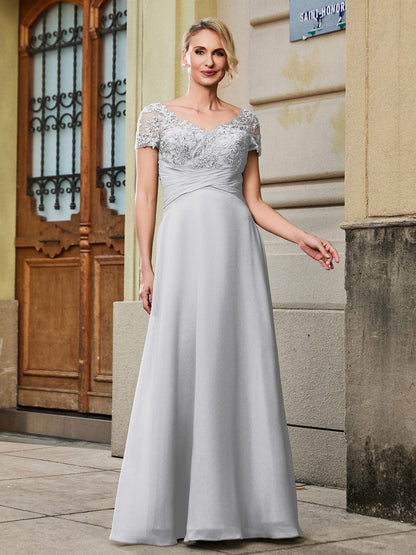 V-neck Short Sleeve Lace Pleated Empire Long Gown Silver