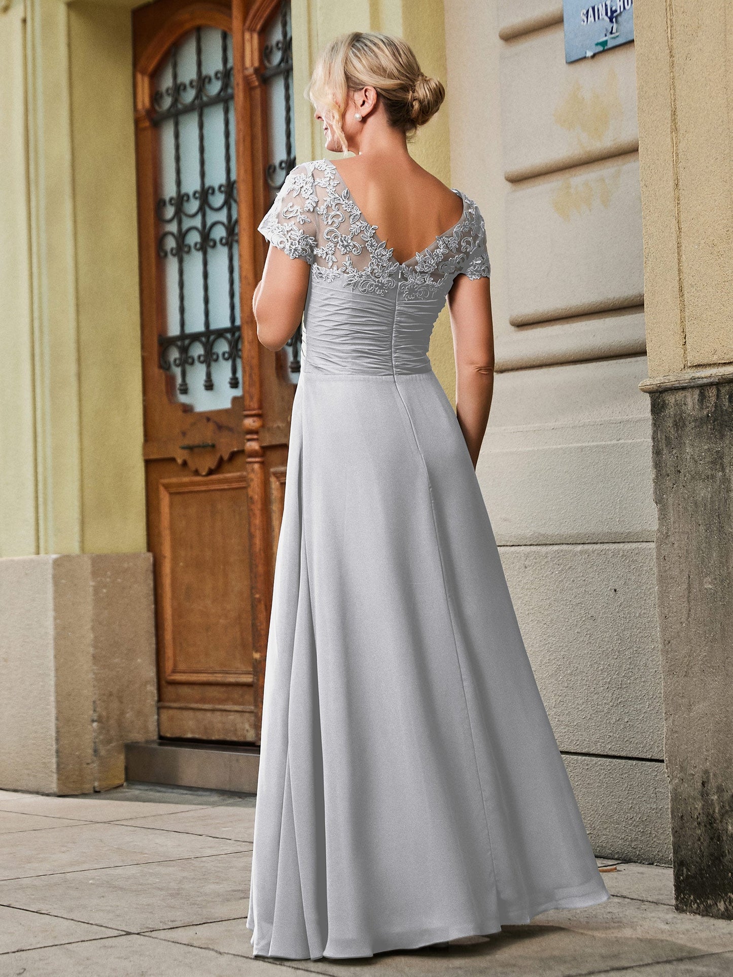 V-neck Short Sleeve Lace Pleated Empire Long Gown Silver