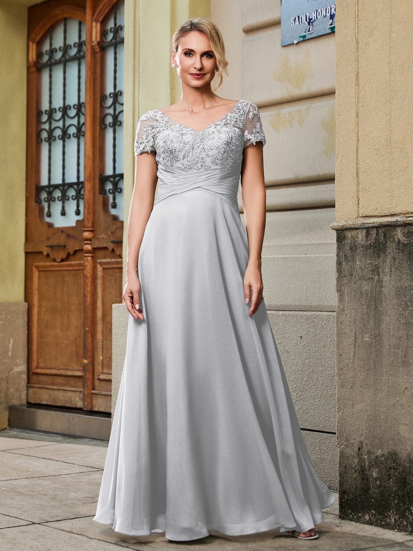 V-neck Short Sleeve Lace Pleated Empire Long Gown Silver