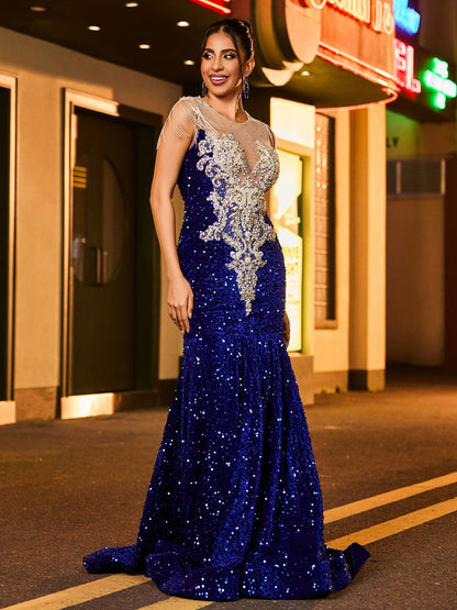 Illusion Neck Rhinestones Glitter Sequin Mermaid Dress Royal Blue