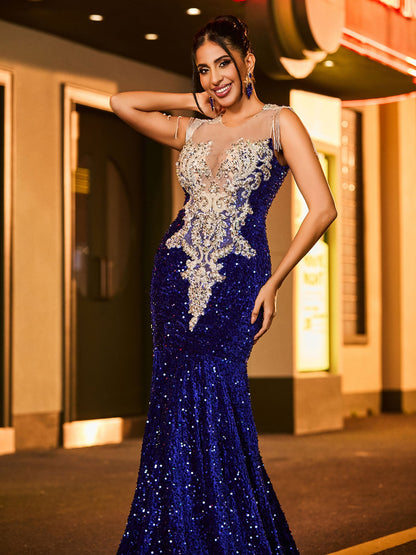 Illusion Neck Rhinestones Glitter Sequin Mermaid Dress Royal Blue