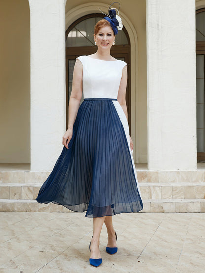 Scoop-neck Sleeveless Tea-Length Dress Navy Blue