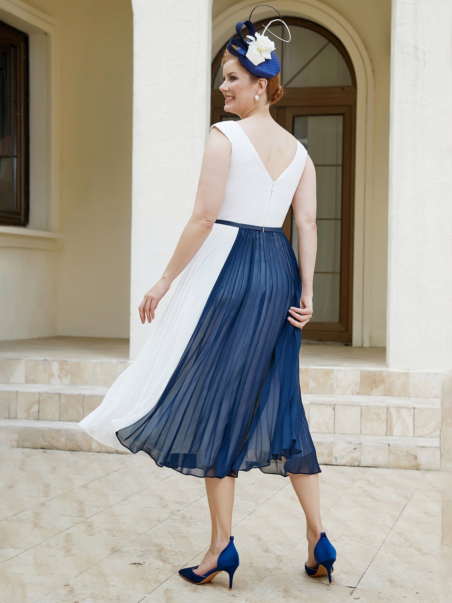 Scoop-neck Sleeveless Tea-Length Dress Navy Blue