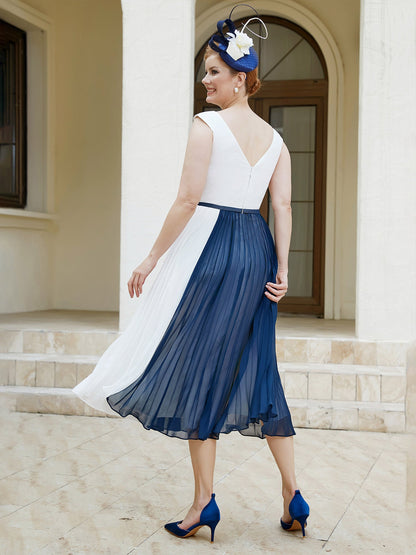 Scoop-neck Sleeveless Tea-Length Dress Navy Blue