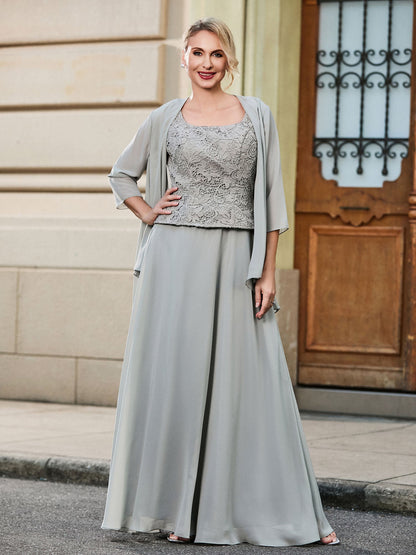 Scoop Lace Top and Chiffon A-line Skirt Two-piece Set Silver