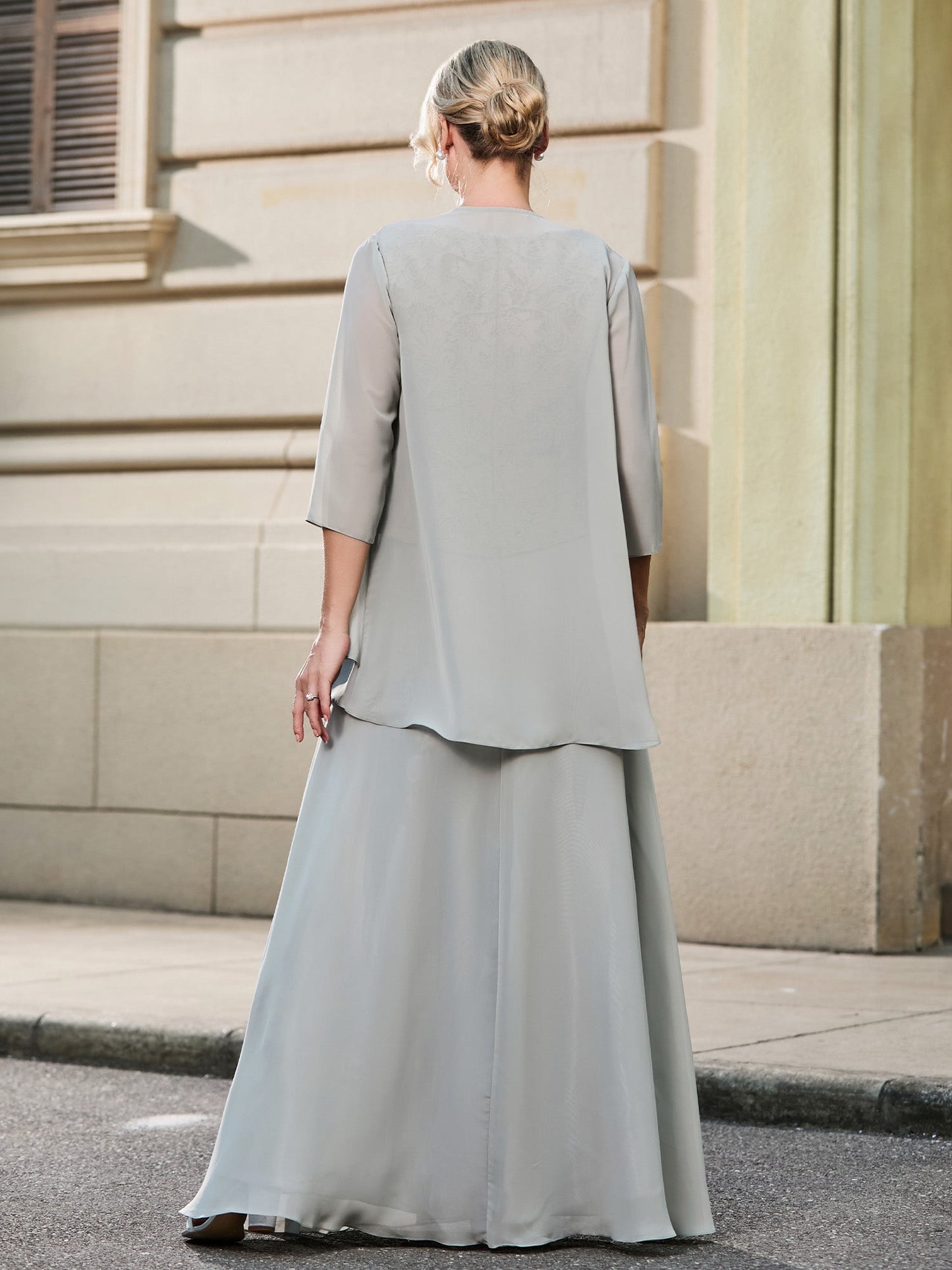 Scoop Lace Top and Chiffon A-line Skirt Two-piece Set Silver