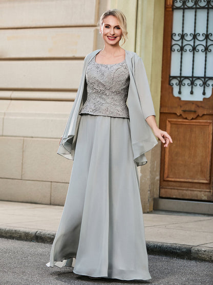 Scoop Lace Top and Chiffon A-line Skirt Two-piece Set Silver