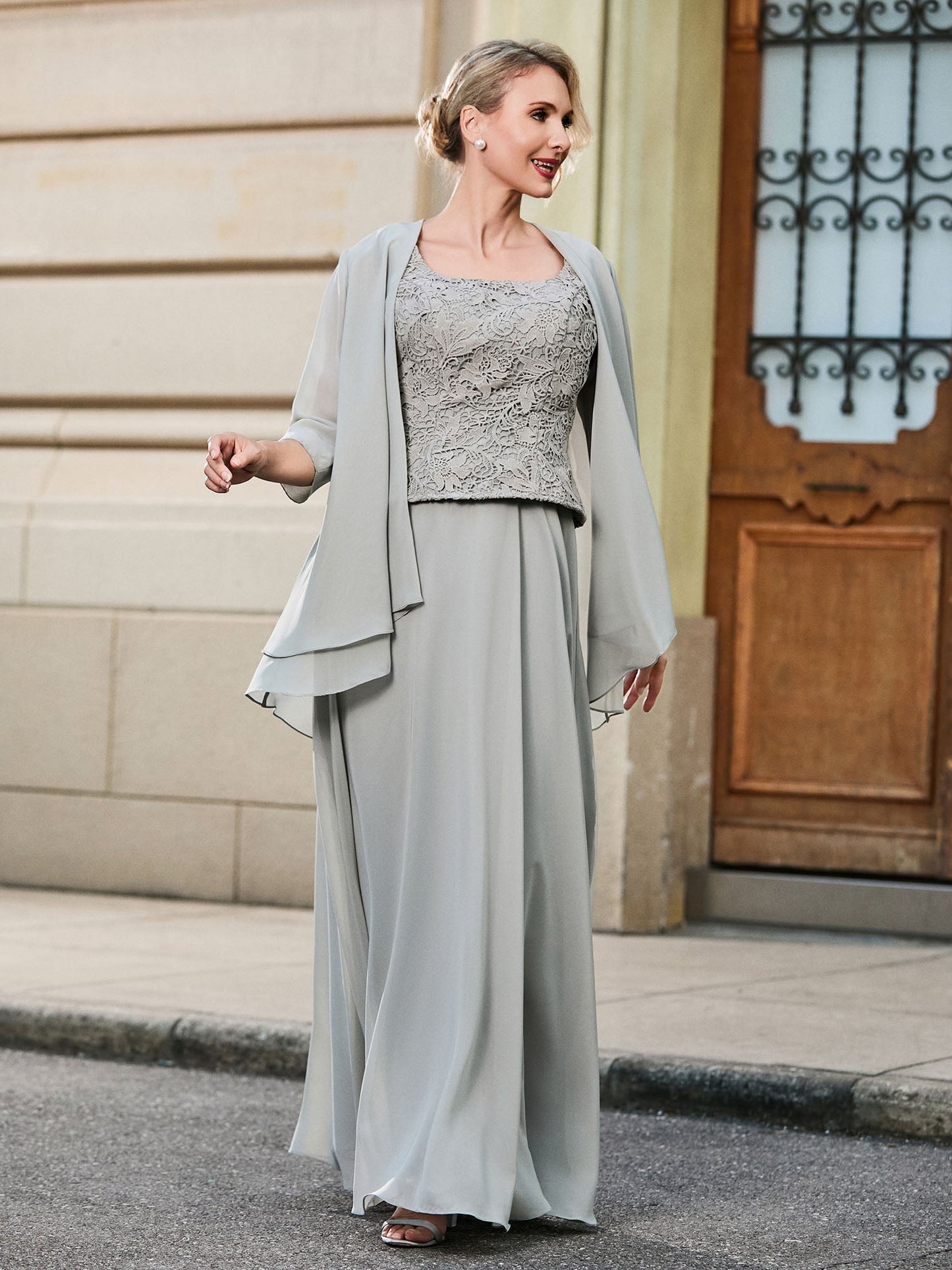 Scoop Lace Top and Chiffon A-line Skirt Two-piece Set Silver