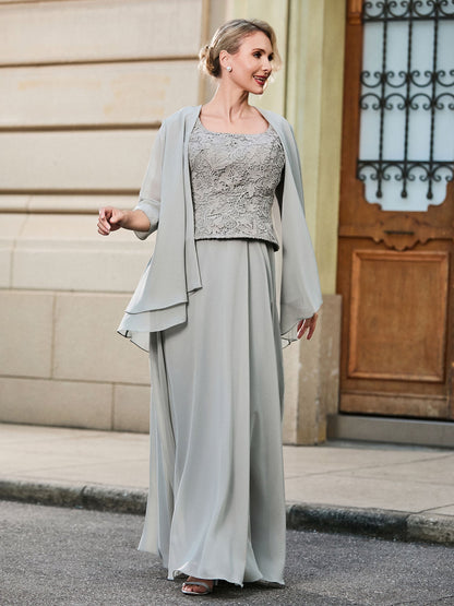 Scoop Lace Top and Chiffon A-line Skirt Two-piece Set Silver