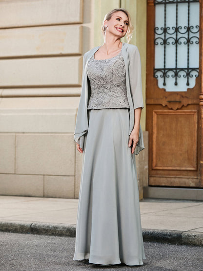 Scoop Lace Top and Chiffon A-line Skirt Two-piece Set Silver