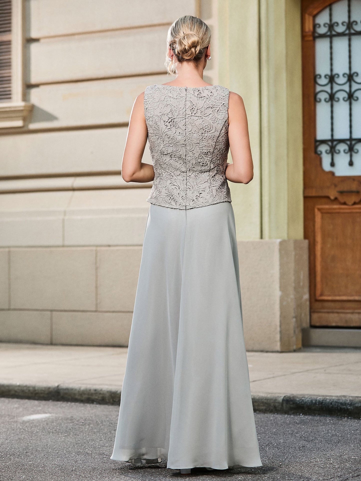 Scoop Lace Top and Chiffon A-line Skirt Two-piece Set Silver