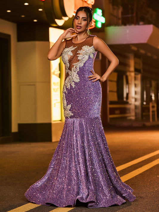 Illusion Neck Diamond Glitter Sequin Mermaid Dress Tahiti